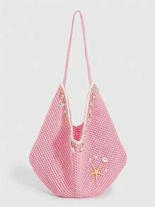ROMWE Kawaii 1件熱帶海洋海灘度假風編織鏤空女款單肩托特包，大容量海灘包 - 粉色 - 查看 9