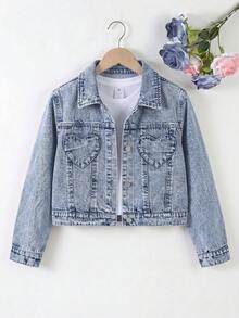 Girls' Denim Jacket And Coat, All-Season Y2K Style, Vintage Mid-Blue Denim Color, Heart-Shaped Pocket Design, Fitted Silhouette, Comfortable And Soft Fabric, Versatile Fashion For Daily Wear, Suitable For School, Commuting And Multiple Occasions, All-Season Girls' Denim Jacket And Coat - Medium Wash - View 2