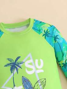 SHEIN 嬰兒 (男童) 熱帶度假風印花 2 件套短袖上衣 + 短褲 - 適合度假和泳池玩耍 - 綠色 - 查看 3
