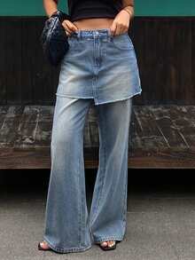 DAZY Women's Washed 2 In 1 Skirt Patchwork Casual Straight Leg Long Jeans Y2K Fall - Medium Wash - View 2