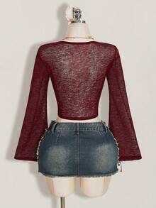 SHEIN ICON Solid Color Bell Sleeve Tie Front Cropped Top For Women - Burgundy - View 2