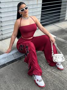 Dayanna Comas Women's Semi-Sheer Lace & Mesh Splice Halter Casual Tank Top Summer - Burgundy - View 5