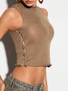 SHEIN Casual Sexy Ribbed Knit Sleeveless Top With Side Buttons Club Night Brown Autumn - Camel - View 3