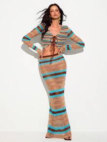 SHEIN Set Rajutan Jala Bergaris Bohemian, Penutup Pantai Transparan Berongga, Set 2 Potong untuk Liburan di Tepi Laut, Gaya Seksi - MultiWarna - View 1