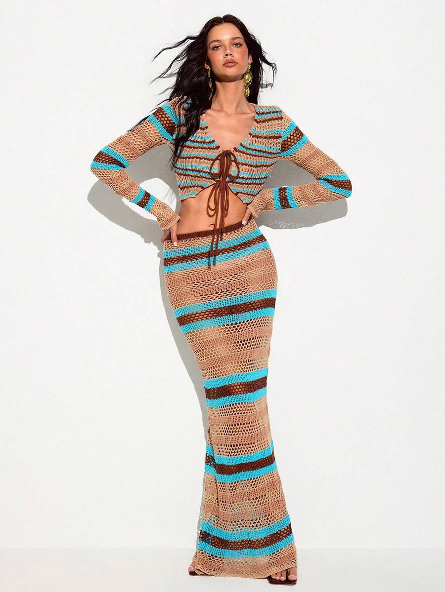SHEIN Set Rajutan Jala Bergaris Bohemian, Penutup Pantai Transparan Berongga, Set 2 Potong untuk Liburan di Tepi Laut, Gaya Seksi - MultiWarna - View 1