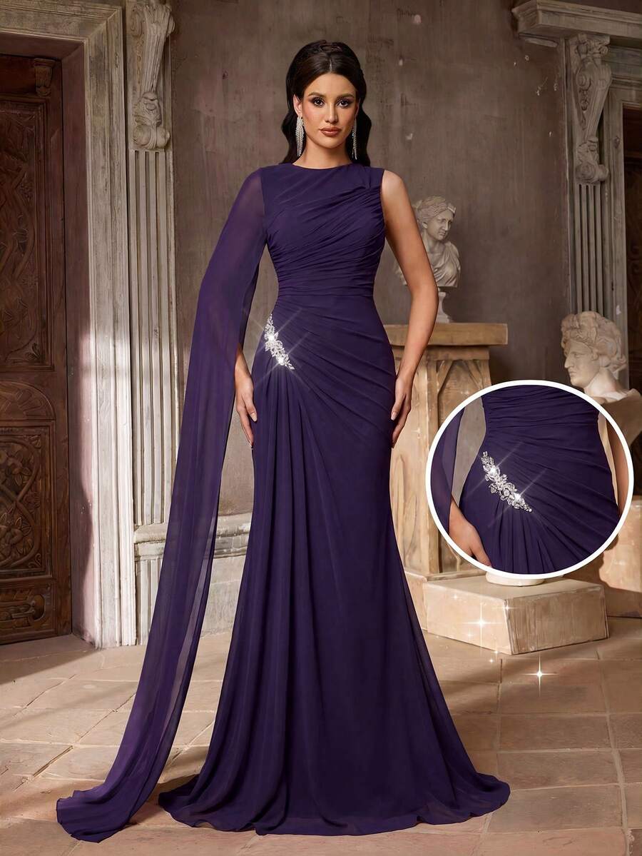 Aureia Elegant Graceful High Elastic Mesh Round Neck One Shoulder Flutter Sleeves Waist Pleats Slimming 3D Rhinestone Women's Bridesmaid Dress Purple Spring - Purple - View 1