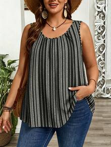 EMERY ROSE Plus Size Women's Black And White Round Neck Pleated Loose Tank Top, Suitable For Spring And Summer Vacation Boho - Multicolor - View 6