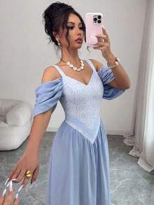 Elenzga Elegant Romantic Exquisite Women's Spaghetti Strap Sexy Off-Shoulder Print A-Line Vacation Dress - Dusty Blue - View 8