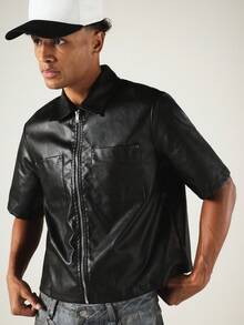 SUMWON Crop Fit Zip-Up Faux Leather Utility Shirt With Dual Chest Pockets And Short Sleeves - Black - View 5