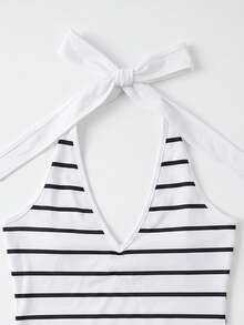 Franclia Vestido elegante de moda para mujer estilo costero chic sexy con encaje y patchwork a rayas negras y blancas, espalda descubierta y cuello halter, para salir de noche, vacaciones y verano - Blanco y Negro - Ver 3