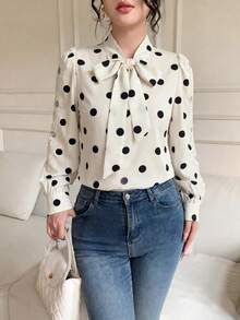 Celisse Camicetta da donna a pois in tessuto, con fiocco al collo, patchwork in pizzo, maniche lunghe a sbuffo, stile casual - Bianco - Visualizzare 3