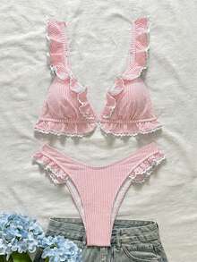 Swim Mod Girl's Special Fabric Striped Ruffle Triangle Bikini Top And V-Cut Flounce Triangle Bottom 2-Piece Set - Pink - View 3