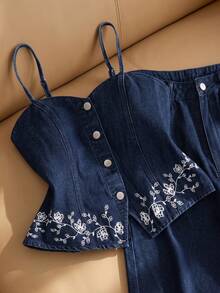 GlowEve Women's Floral Embroidered Camisole & Long Pants Denim Set - Dark Wash - View 7