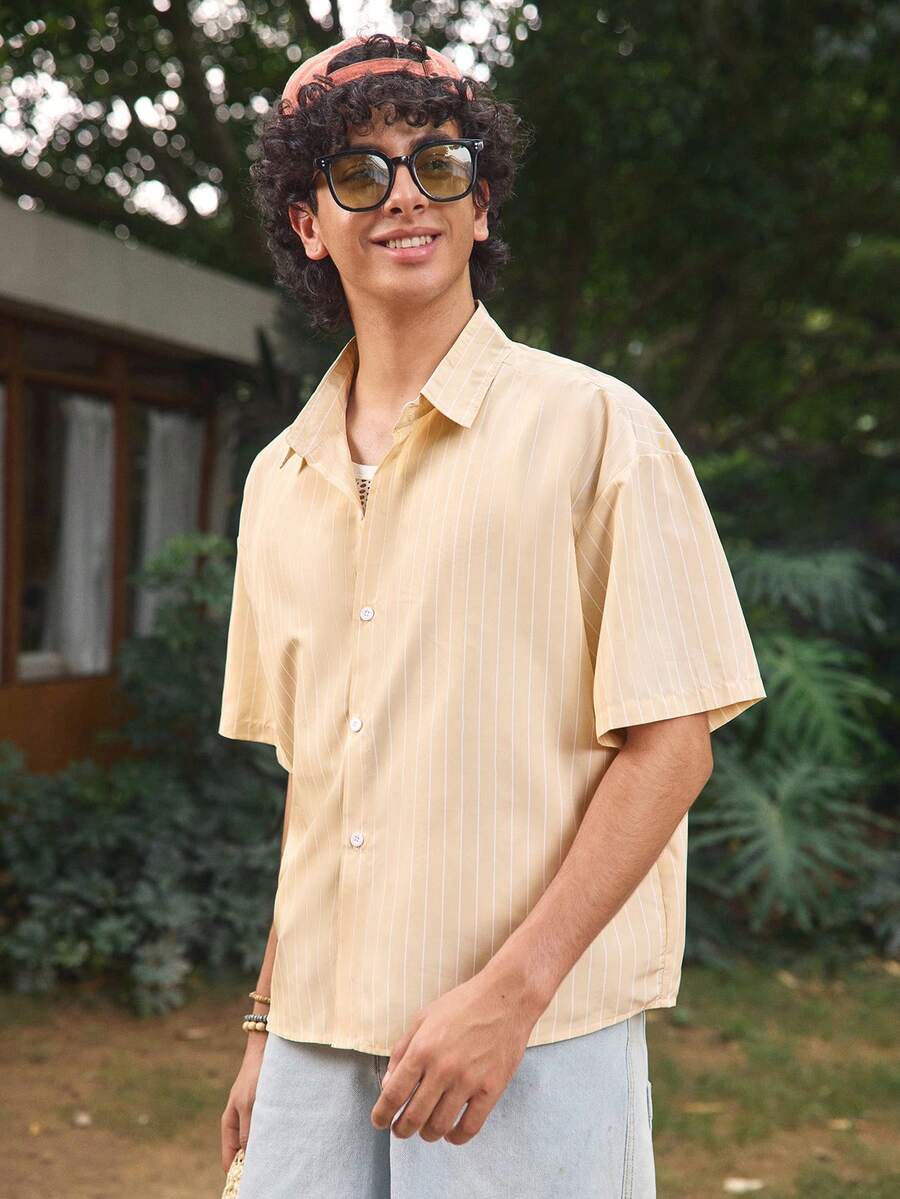 Whitmere Men's Lightweight Casual Short Loose Striped Short Sleeve Shirt, Spring To Summer - Apricot - View 1