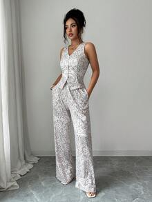 Elenzga 花卉印花無袖背心與寬腿褲兩件套，女款高級優雅通勤針織套裝，休閒時尚套裝 - 杏色 - 查看 6