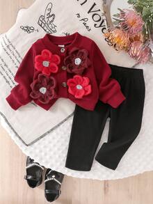 SHEIN 嬰兒/幼兒（女童）紅色羅紋長袖開襟外套，大花飾裝搭配純色長褲 2 件套，春秋休閒日常寬鬆套裝 - 紅色 - 查看 4