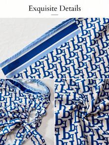 SOLERSUN Ropa de mujer para primavera/verano: Estilo casual y elegante para ir al trabajo - Camisa tejida azul estampada con plisado de un solo hombro y cordones ajustables en los laterales. Una parte superior versátil y de moda perfecta para looks de verano. - Azul - Ver 6