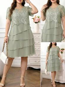 Reflora Vestido de verano elegante de talla grande con unicolor y patchwork de encaje - Verde - Ver 4