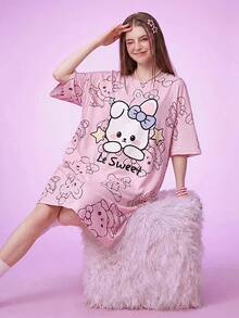 Notgurli Moo Moo House Dress Cute Rabbit Print Loose Women's Nightgown - Multicolor - View 4