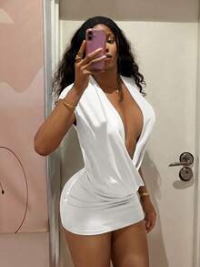 Fiercella Fiercella 女款桃紅色深V領垂墜交叉迷你洋裝 - 白色 - 查看 4