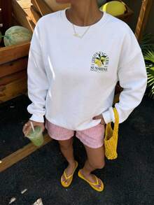 Muchica 女款休閒白色運動衫，檸檬印花，夏季服飾，外出，百搭，度假，海灘，適合日常通勤，約會，聚會，秋冬春夏，聖誕節，新年，感恩節，派對，婚禮，海灘，畢業典禮，時尚，優雅，休閒，外出，約會，約會，通勤 - 白色 - 查看 2