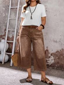 EMERY ROSE EMERY ROSE Plus Size Casual Washed Wide Leg Denim Jeans - Brown - View 5