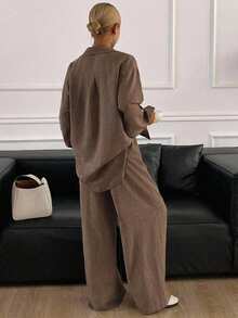 Dazy Tall Women's Lapel Long Sleeve Shirt And Straight Leg Pants Casual 2 Pieces Set Fall - Coffee Brown - View 4