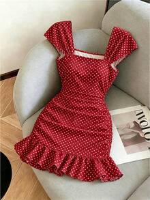 SHEIN LUNE New Women's Square Neck Polka Dot Print Ruched Waist Ruffle Hem Dress, Suitable For Dating And Vacation Wear - Red - View 7