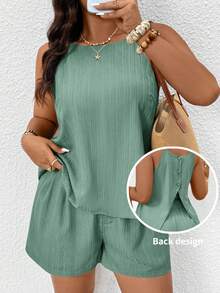 SHEIN Frenchy Plus Size Women Solid Color Back Single Row Button Camisole And Shorts 2pcs Set - Mint Green - View 9
