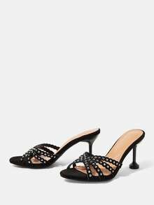 CUCCOO HITCHD Women's New Fashion Suede Rhinestone Open-Toed Round Toe Sexy Stiletto Sandals, Elegant Temperament, Comfortable And Advanced - Black - View 3