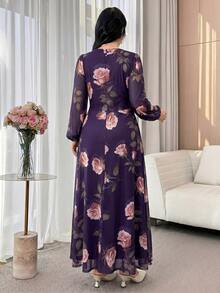 Modelyn Plus Size Elegant Floral All-Over Print Dress - Purple - View 2