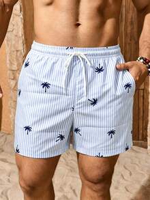 Manfinity KASUA Men's Vacation Striped Palm Tree Print Drawstring Waist Beach Shorts - Blue and White - View 3