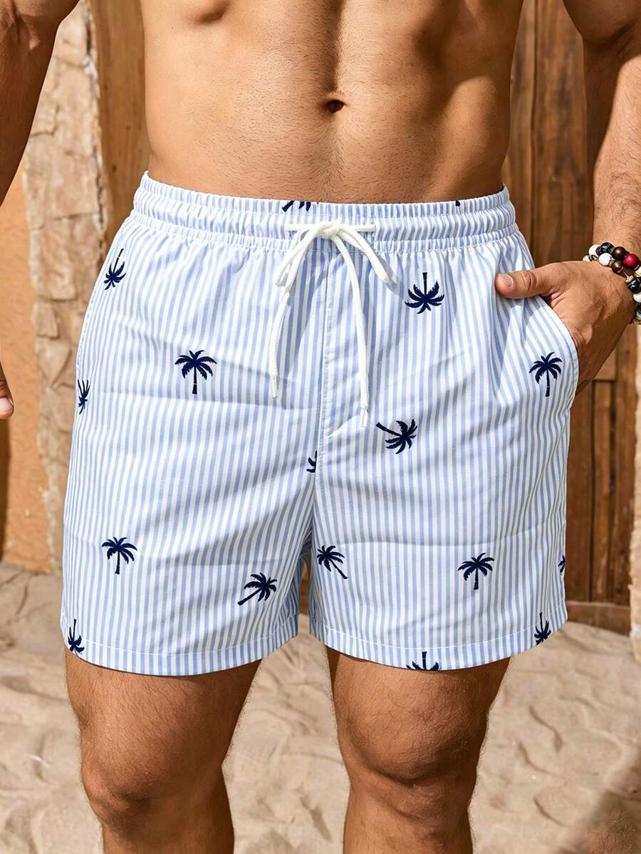 Manfinity KASUA Men's Vacation Striped Palm Tree Print Drawstring Waist Beach Shorts - Blue and White - View 1