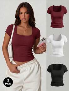 Lot de 3 T-shirts basiques pour femmes à col carré, côtelés, manches courtes, coupe ajustée - Rouge foncé - Voir 1
