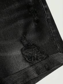 Girlism Teen GirlBlue Denim Ripped Elastic Skinny Shorts - Black - View 3