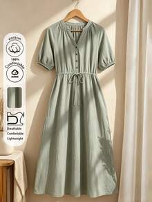 Rusticease Drawstring Sage Green Fall Elegant Birthday Vacation Dress Summer Outfits Cotton100 Women's Casual Long Holiday Everyday Travel - Green - View 3
