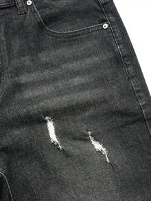 Manfinity Roghcode Men's Casual Versatile Black Washed Distressed Design Stretch Denim Shorts - Black - View 5