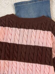 SHEIN Sweater Pullover Longgar Lengan Lentera Leher V Rajut Kabel Blok Warna Bergaris untuk Anak Perempuan Remaja, Cocok untuk Musim Gugur/Musim Dingin dan Acara Luar Ruangan - MultiWarna - View 6