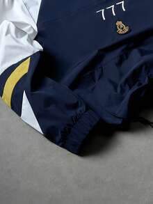 PAVTROS Men's Casual Stand Collar Half Zip Windbreaker,Navy And White Color Block Jacket With Letter Graphic,Drawstring Hem,Autumn Back-To-School Graduation - Navy Blue - View 6
