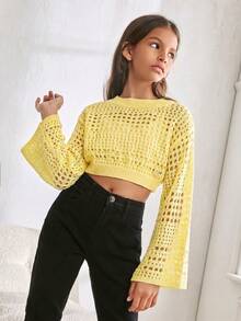SHEIN Tween Girl Tween Girl Solid Color Simple Hollow Out Round Neck Pullover Hoodie - Yellow - View 4