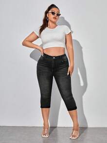 SHEIN Lady 女款大尺碼休閒水洗修身牛仔褲 - 黑色 - 查看 3