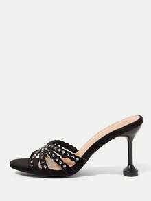 CUCCOO HITCHD Women's New Fashion Suede Rhinestone Open-Toed Round Toe Sexy Stiletto Sandals, Elegant Temperament, Comfortable And Advanced - Black - View 2