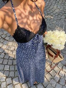 Sunnyshic Women's Vacation Long Dress Navy Blue Floral Contrast Lace Trim Patchwork V-Neck Halter Tie Back Open Back Cinched Waist A-Line Spring Summer Beach - Navy Blue - View 1