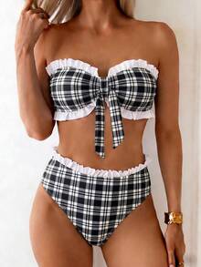 Swim Mod Spring/Summer Hot-Selling Beach Ditsy Floral 2 Pieces Ruffle Bandeau Set - Multicolor - View 4