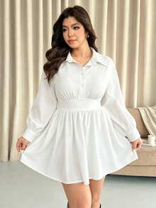 Vionelle Plus Size Summer/ Woven Long Sleeve Shirt Collar Solid Color Shirred Dress Brunch Formal Allover White Casual Elegant - White - View 6