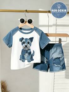 Young Boy Colorblock Patchwork Puppy Print T-Shirt & Shorts Set - Multicolor - View 6