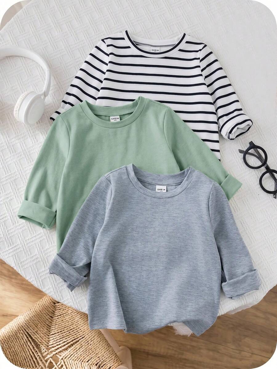 SHEIN Baby Boy Baby Girl Spring/Autumn Black & White Striped Solid Color Round Neck Long Sleeve Pullover Top 3 Pieces Set - Multicolor - View 1