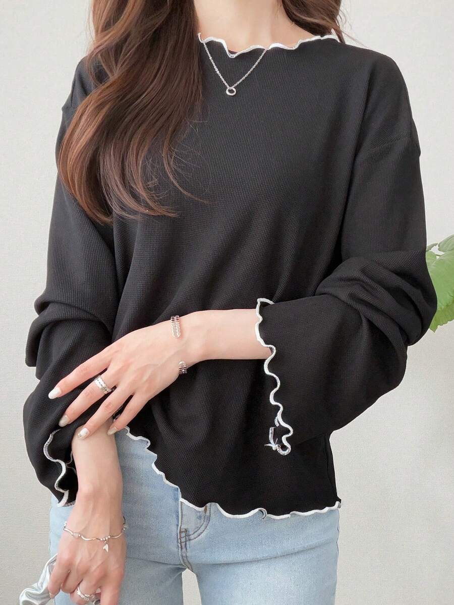 FRIFUL 女款波浪荷葉邊條紋配色邊寬鬆短袖T恤,夏季休閒上衣 - 米色 - 查看 1