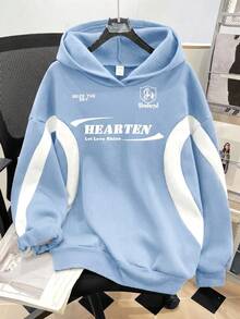 SHEIN 青少年女孩針織拼色字母印花寬鬆休閒連帽衛衣 - 藍色 - 查看 5