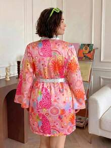 Chillnights Casual Colorful Sun Face Leopard Contrast Polka Dot Print Satin Plus Size Robe - Multicolor - View 2